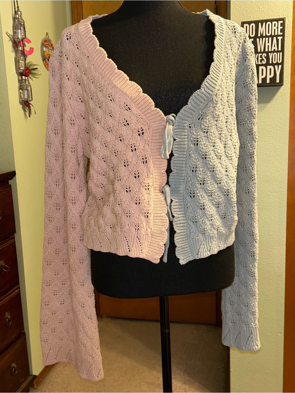 Hem & Thread color block pink blue tie front oversized cardigan scalloped trim M